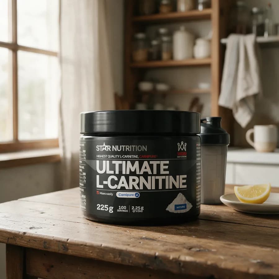 Star Nutrition Ultimate L-Carnitine -jauhepurkki keittiön pöydällä shakerin ja sitruunaviipaleen vieressä