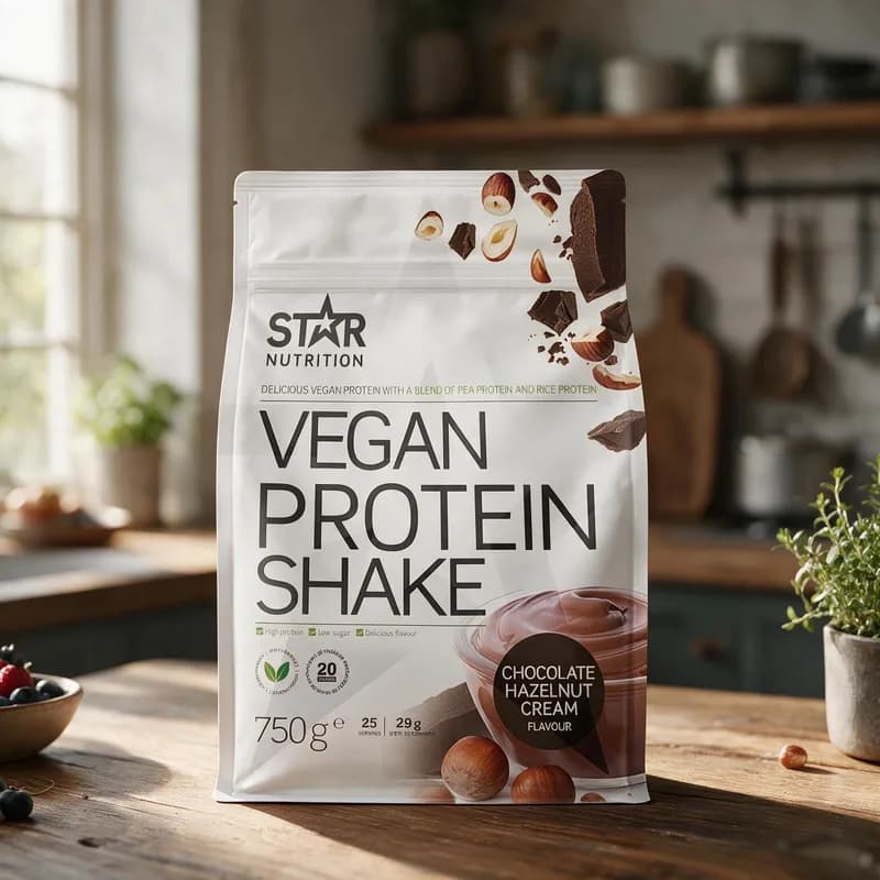 Star Nutrition Vegan Protein Shake Chocolate Hazelnut Cream -pussi puisella keittiön pöydällä