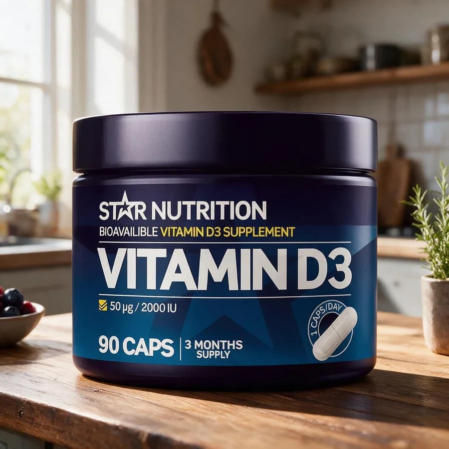 Star Nutrition D3-vitamiini -purkki keittiön puupöydällä