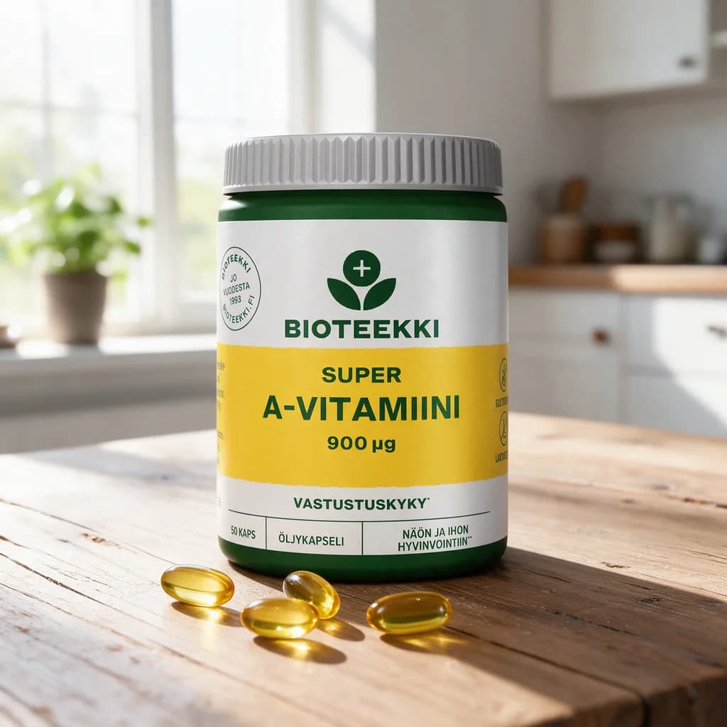 Valkoinen Bioteekki Super A-vitamiini -purkki vihreillä raidoilla, keltaisella etiketillä ja harmaalla kannella puisella keittiön pöydällä, edessä muutama keltainen öljykapseli