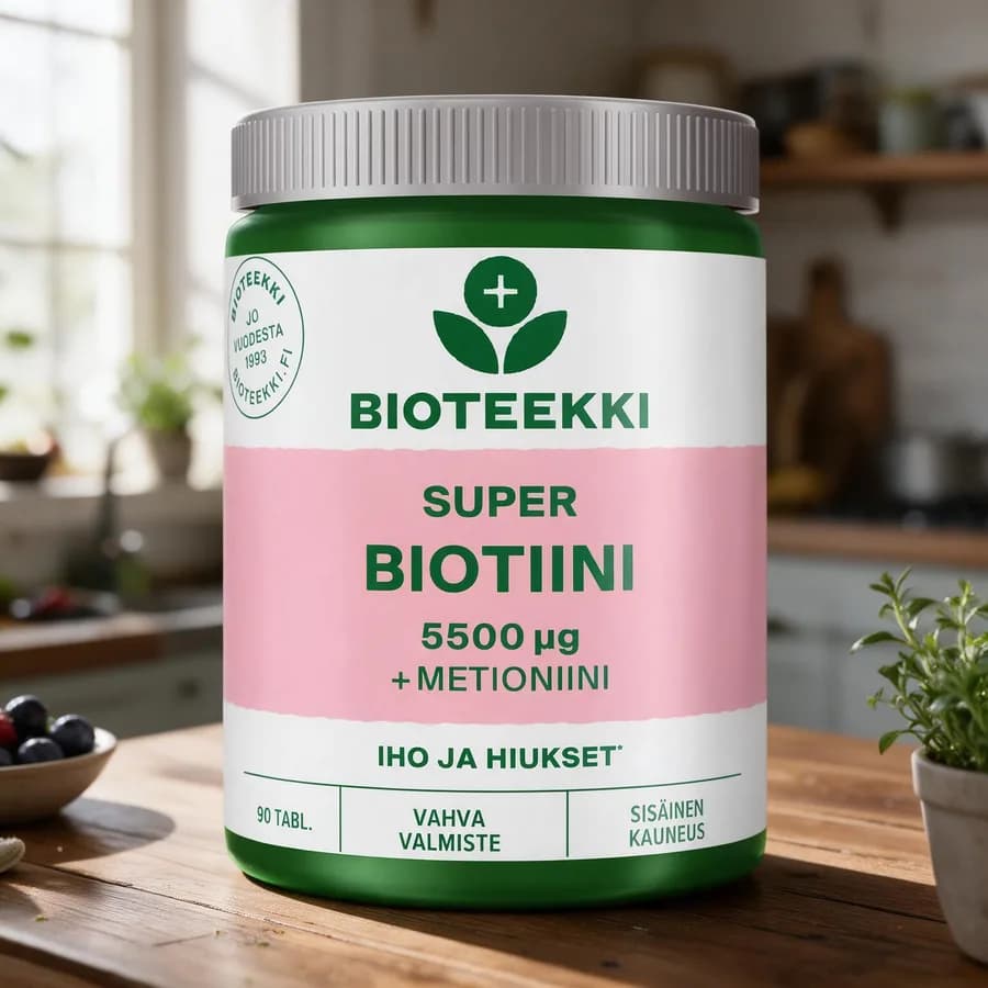 Vihreä Bioteekki Super Biotiini -purkki vaaleanpunaisella etiketillä ja hopeanharmaalla kannella puisella keittiön pöydällä