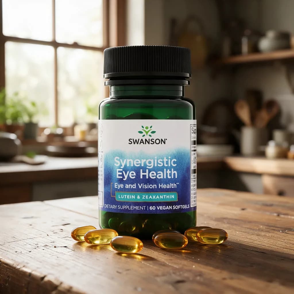 Vihreä Swanson Synergistic Eye Health -purkki puisella keittiön pöydällä, edessä muutama pehmeäkapseli