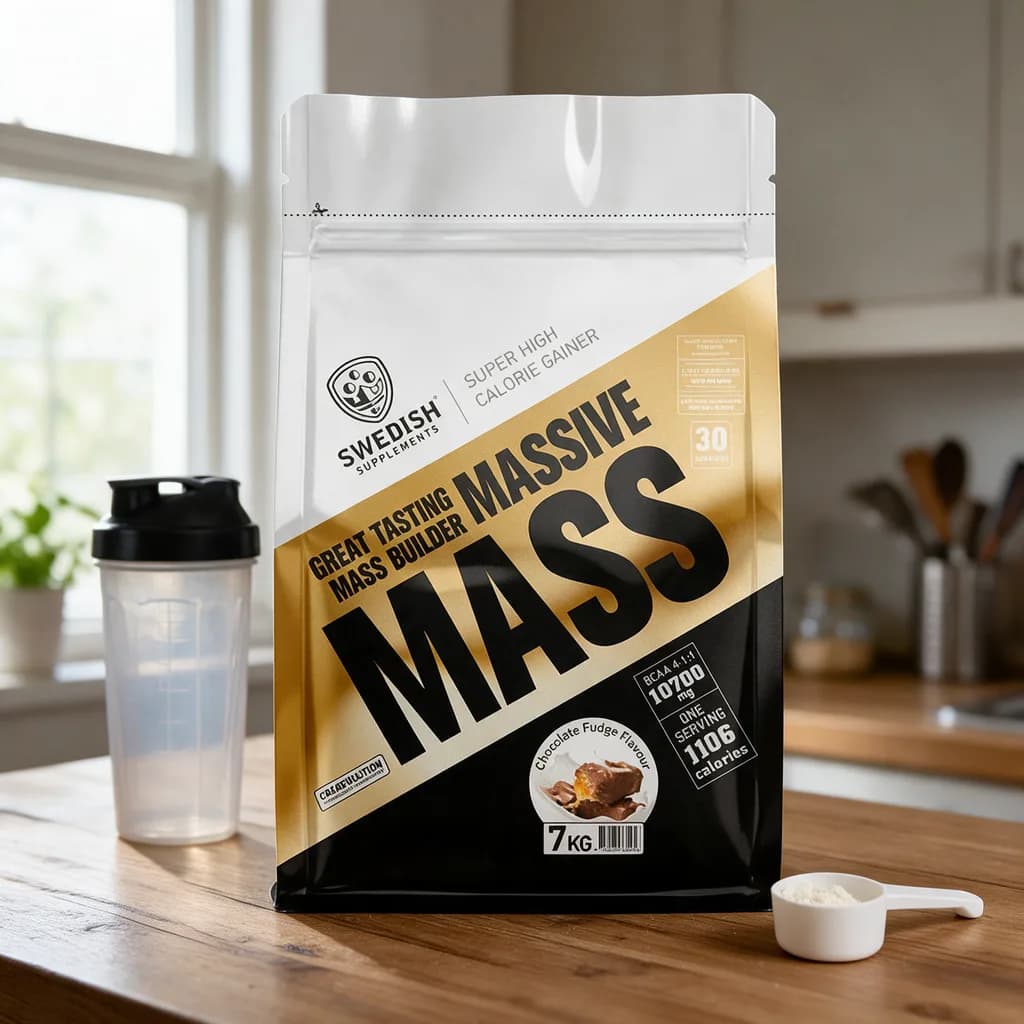 Swedish Supplements Massive Mass -pussi puisella keittiön pöydällä shakerin ja jauhemitan vieressä