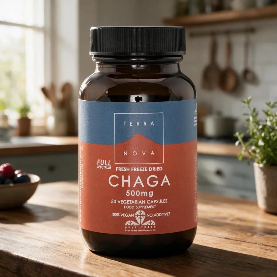 Ruskea Terranova Full Spectrum Chaga -kapselipurkki sini-punaisella etiketillä puisella keittiön pöydällä