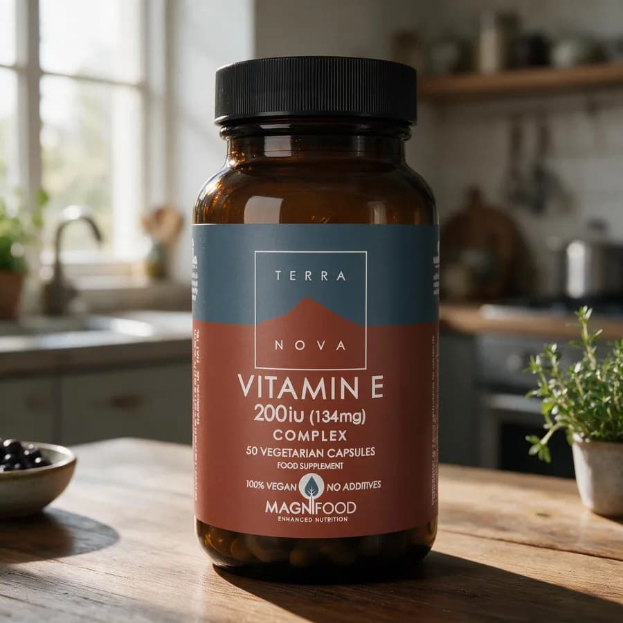 Ruskea Terranova Vitamin E Complex -lasipurkki mustalla kannella ja sinisellä ja punaruskealla etiketillä puisella keittiön pöydällä