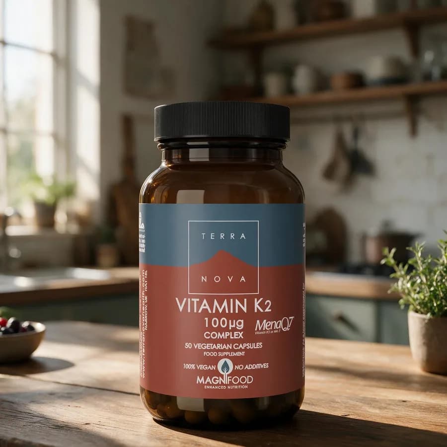 Terranova Vitamin K2 100 µg Complex -purkki puisella keittiön pöydällä