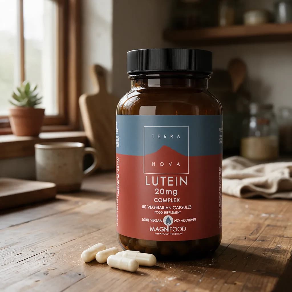 Ruskea Terranova Lutein Complex -purkki sini-punaisella etiketillä puisella keittiön pöydällä, edessä muutama kasvikapseli