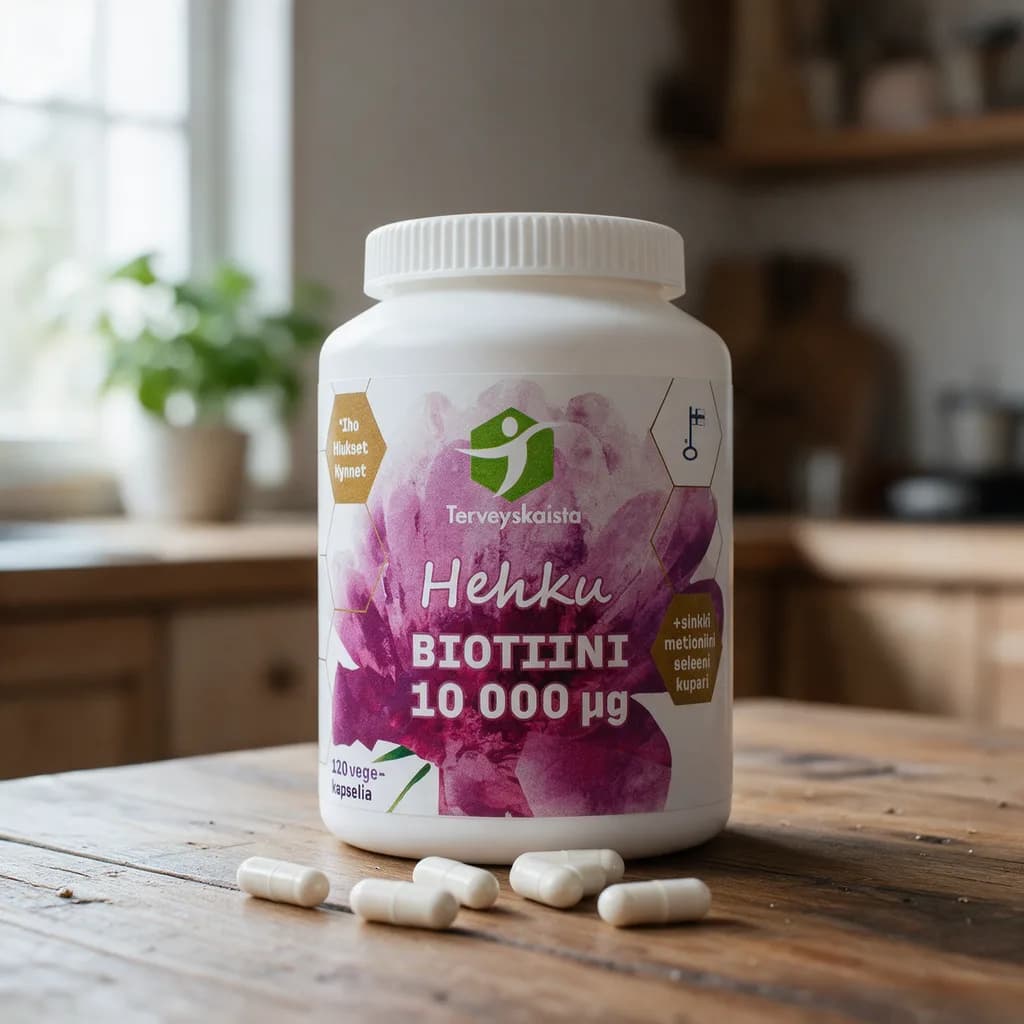 Valkoinen Terveyskaista Hehku Biotiini -purkki violetilla kukkaetiketillä puisella keittiön pöydällä, edessä muutama kapseli