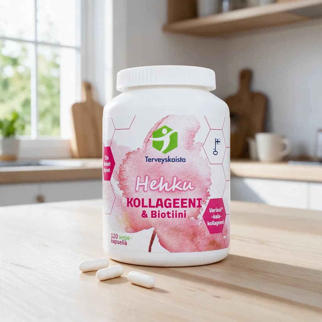 Valkoinen Terveyskaista HEHKU Kollageeni & Biotiini -purkki keittiön pöydällä, edessä muutama valkoinen kapseli