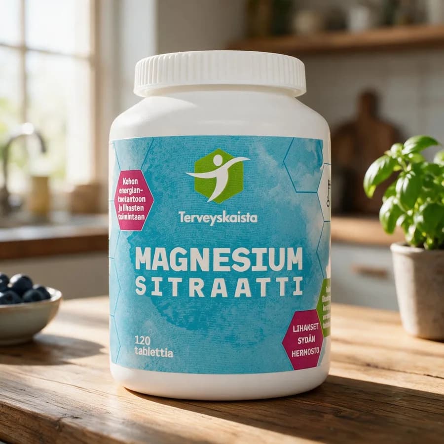 Vaaleansininen Terveyskaista Magnesium Sitraatti -purkki puisella keittiön pöydällä