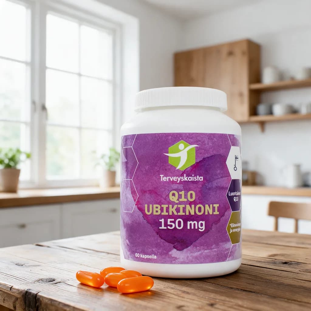 Valkoinen Terveyskaista Q10 Ubikinoni -purkki violetilla etiketillä puisella keittiön pöydällä, edessä oransseja pehmytkapseleita