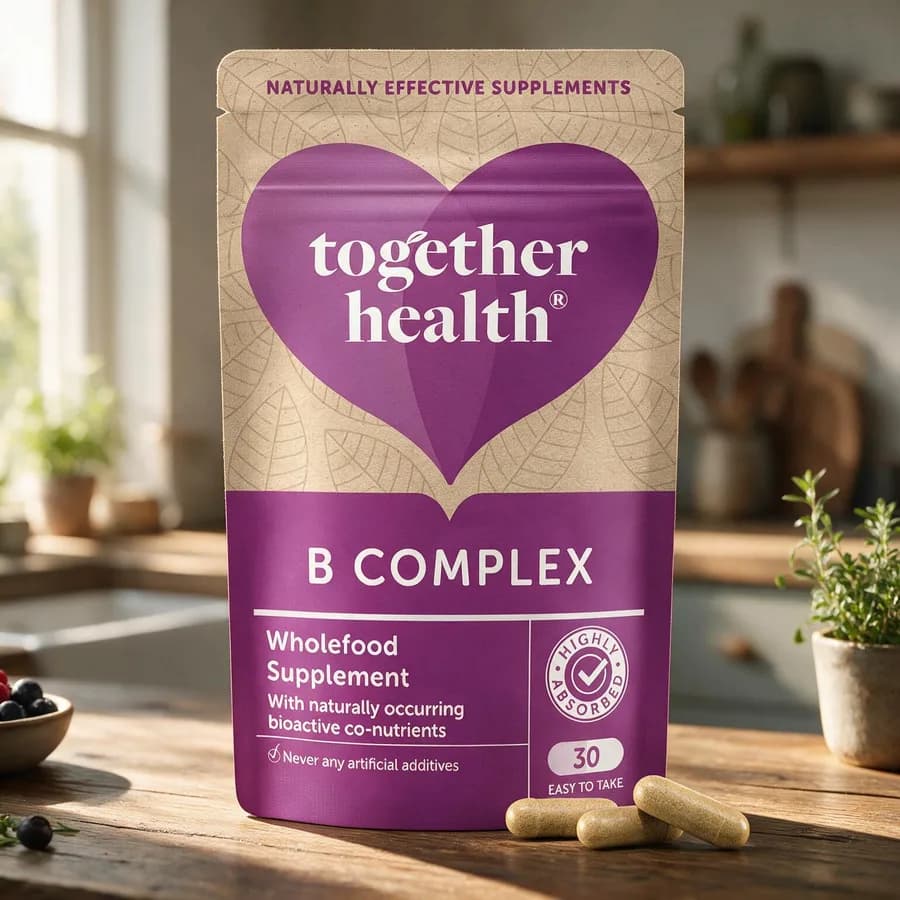 Together Health B Complex -pussi puisella keittiön pöydällä