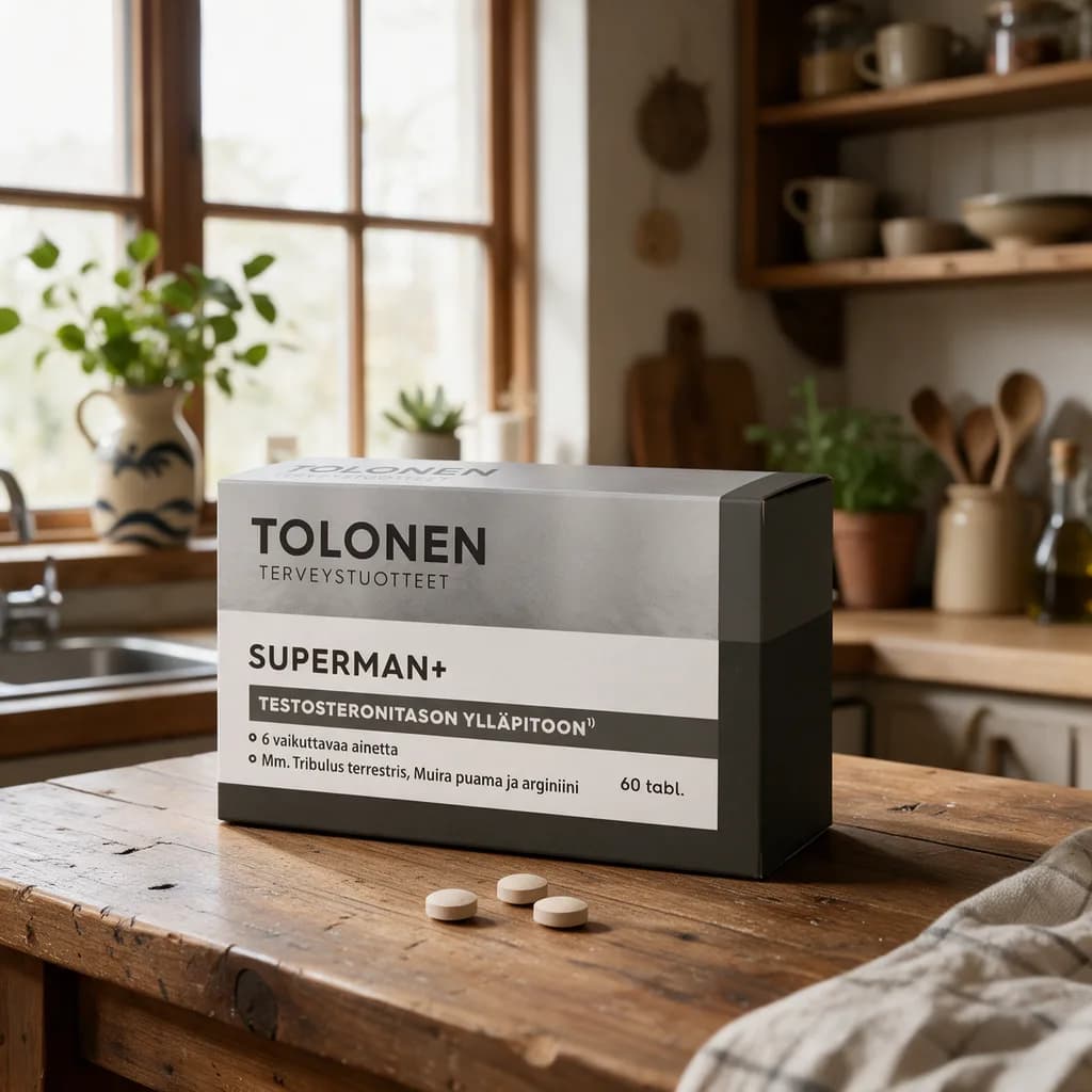 Harmaa Tolonen Superman+ -rasia puisella keittiön pöydällä, edessä muutama tabletti
