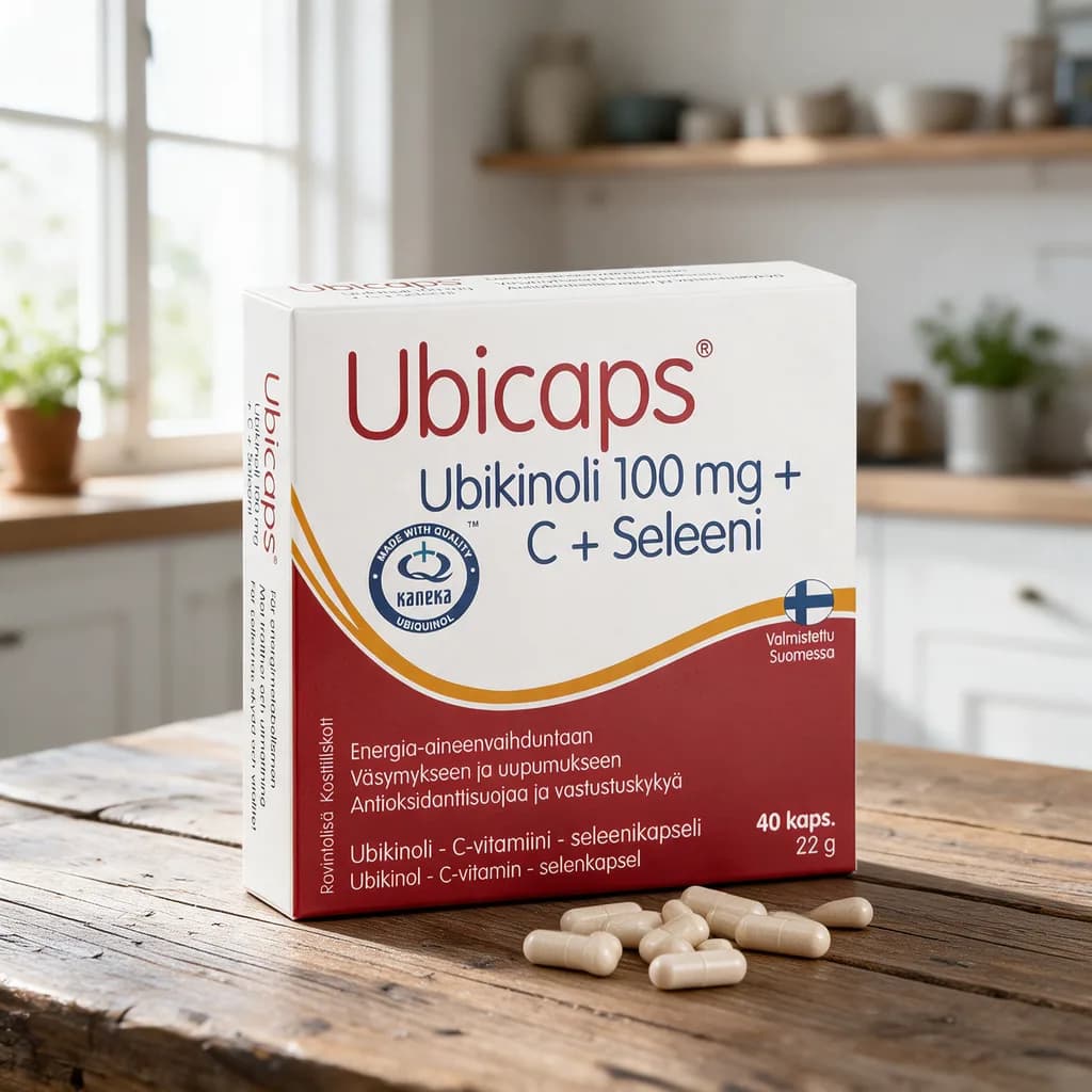 Ubicaps Ubikinoli + C + Seleeni -pakkaus puisella keittiön pöydällä, edessä vaaleita kasviperäisiä kapseleita
