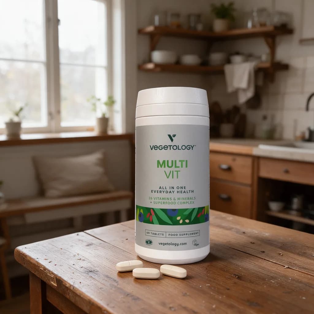 Valkoinen Vegetology MultiVit -purkki vihreällä etiketillä puisella keittiön pöydällä, edessä muutama tabletti