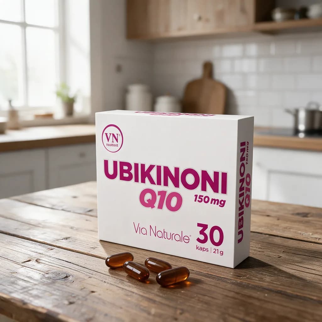 Valkoinen Via Naturale Ubikinoni Q10 -pakkaus magentanpunaisella tekstillä puisella keittiön pöydällä, edessä ruskeita pehmytkapseleita