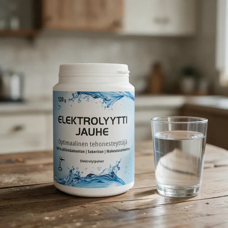 Valkoinen Vitabalans Elektrolyyttijauhe -purkki sinisellä vesiroiske-etiketillä puisella keittiön pöydällä