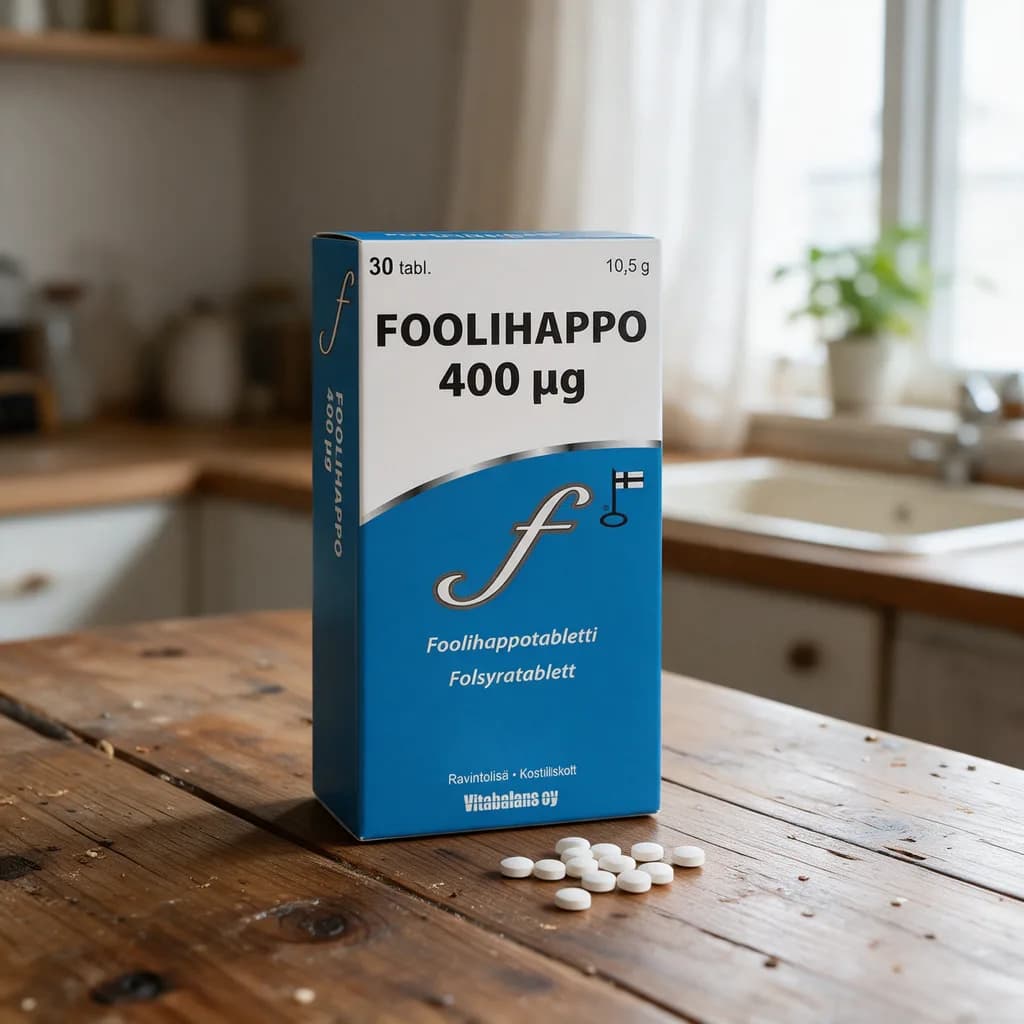 Sinivalkoinen Vitabalans Foolihappo -kotelo puisella keittiön pöydällä, edessä muutama tabletti