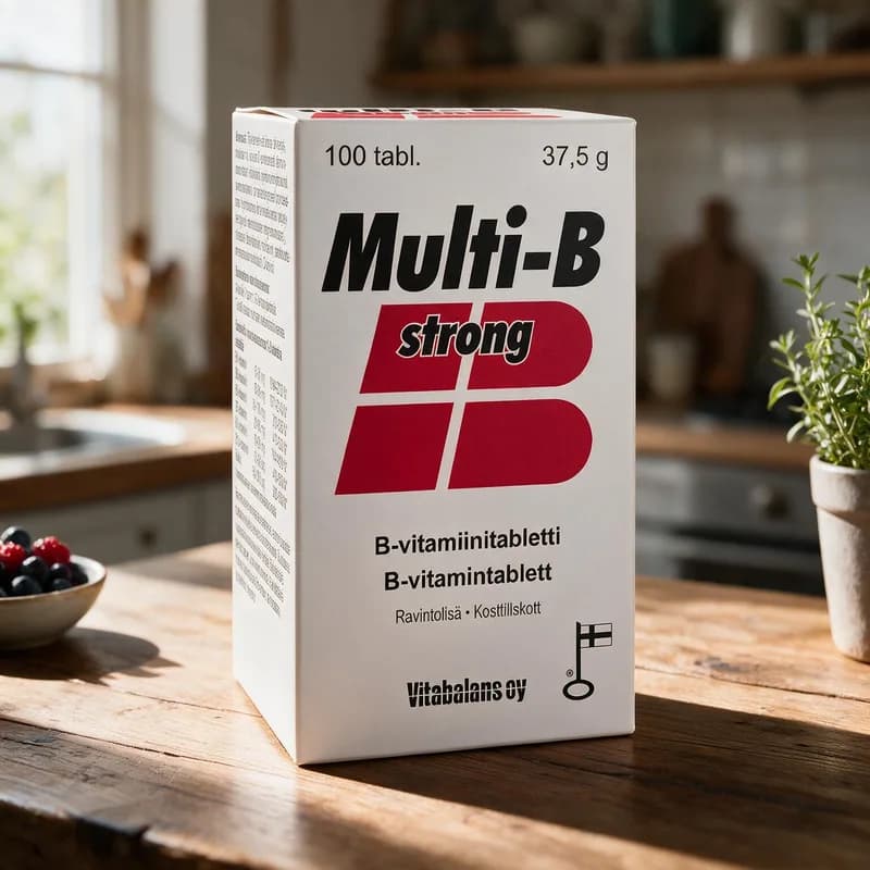 Vitabalans Multi-B-Strong -rasia puisella keittiön pöydällä