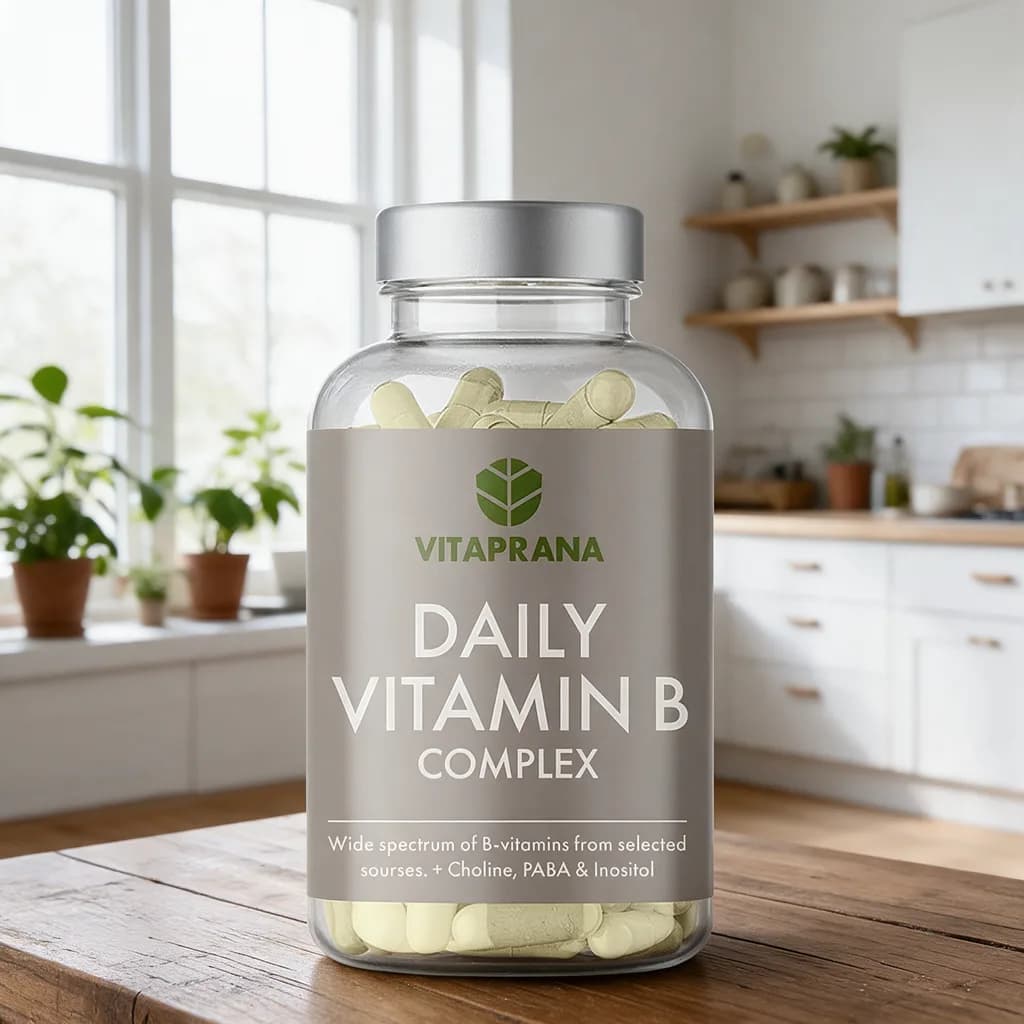 Vitaprana Daily Vitamin B Complex -purkki puisella keittiön pöydällä