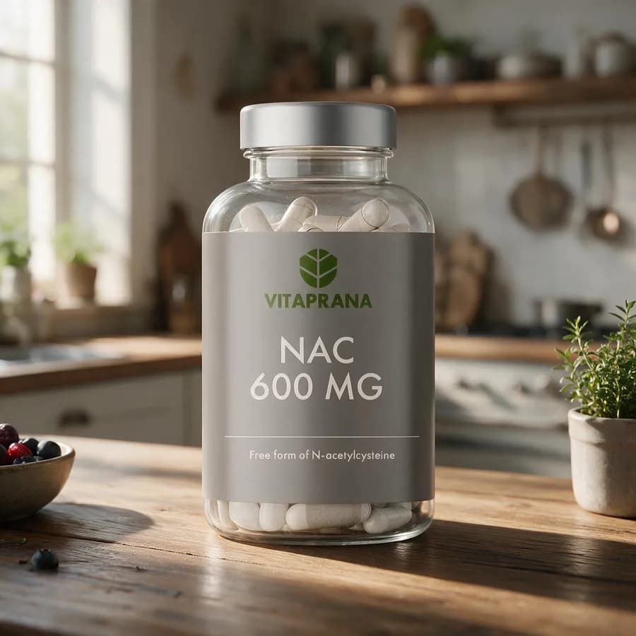 Vitaprana NAC 600 mg -muovipurkki puisella keittiön pöydällä