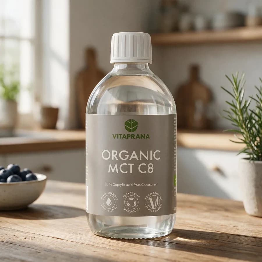 Kirkas Vitaprana Organic MCT C8 -muovipullo harmaalla etiketillä ja valkoisella korkilla puisella keittiön pöydällä