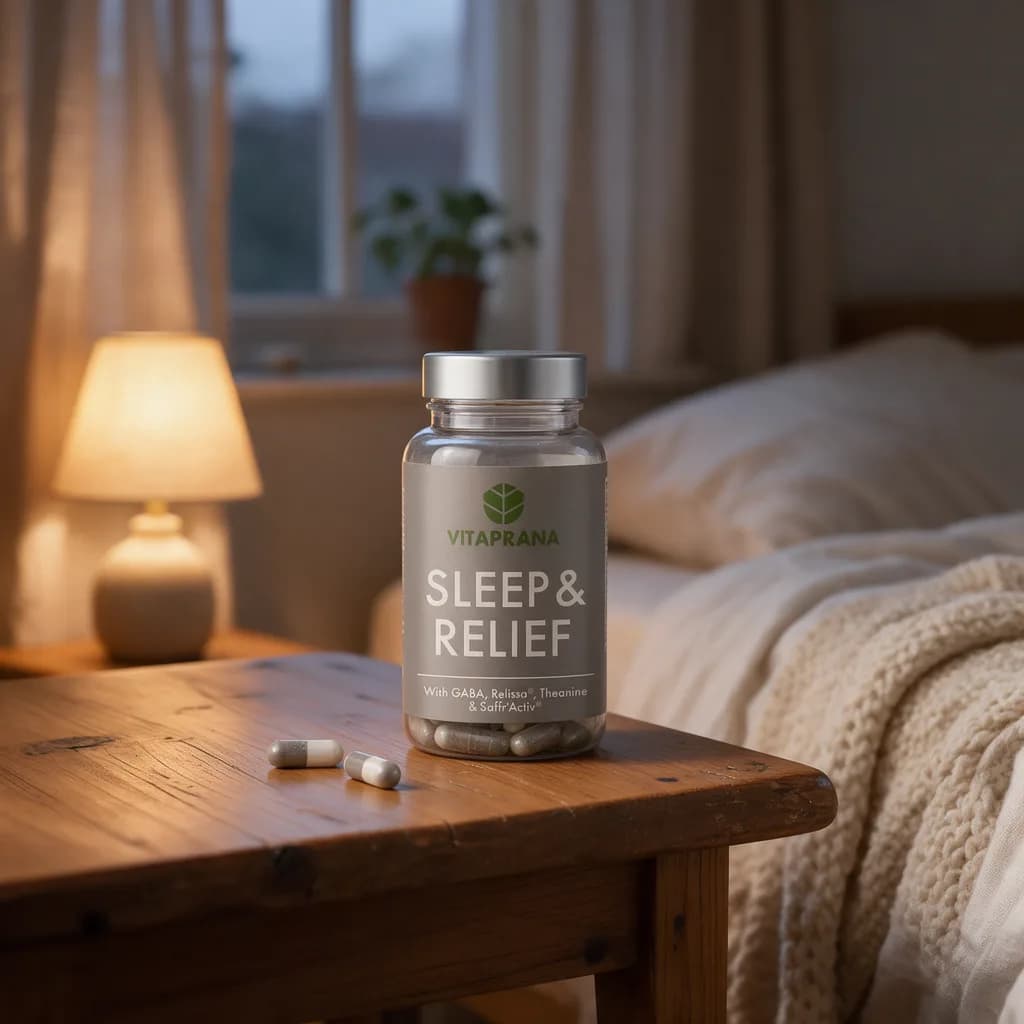 Läpinäkyvä Vitaprana Sleep & Relief -purkki hopeisella kannella ja harmaalla etiketillä puisella yöpöydällä, edessä muutama kapseli
