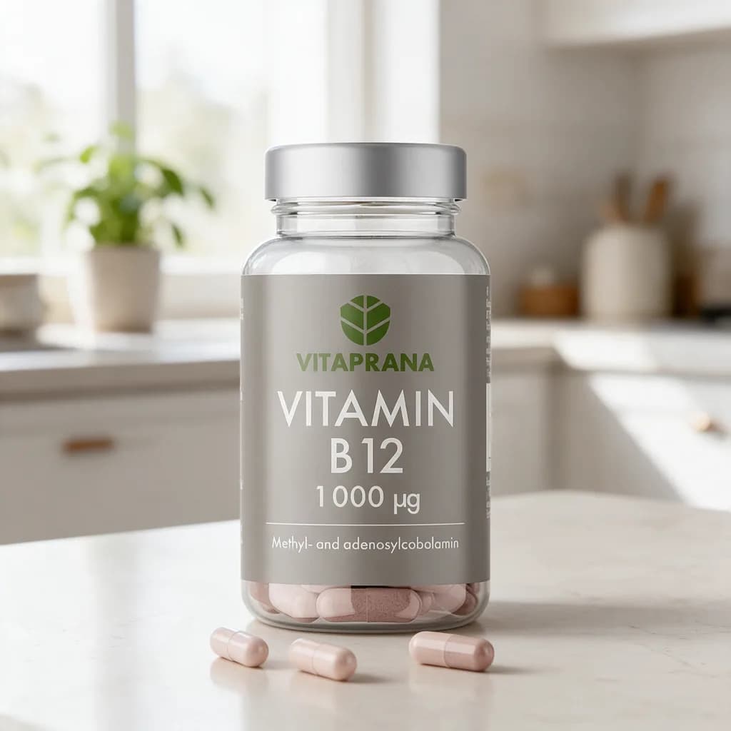 Harmaa Vitaprana Vitamin B12 -purkki vaalealla keittiön työtasolla, edessä muutama vaaleanpunainen kapseli