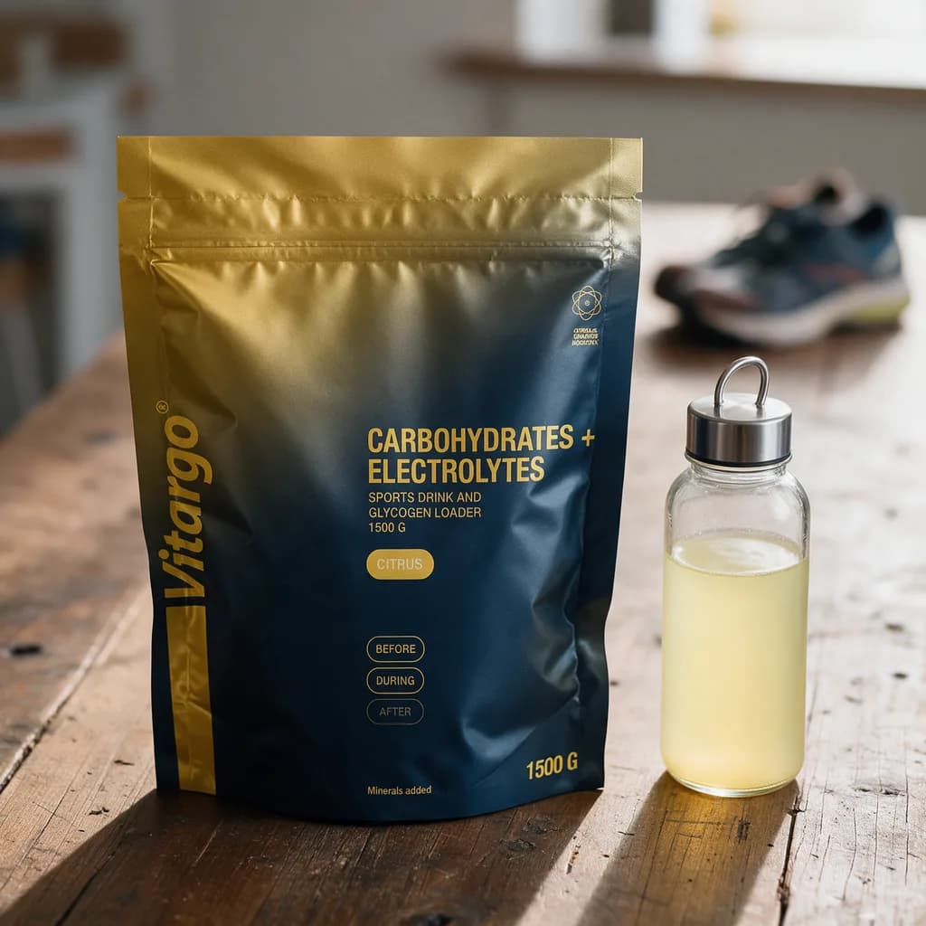 Keltasininen Vitargo Carbohydrates + Electrolytes -pussi ja juomapullo puisella keittiön pöydällä