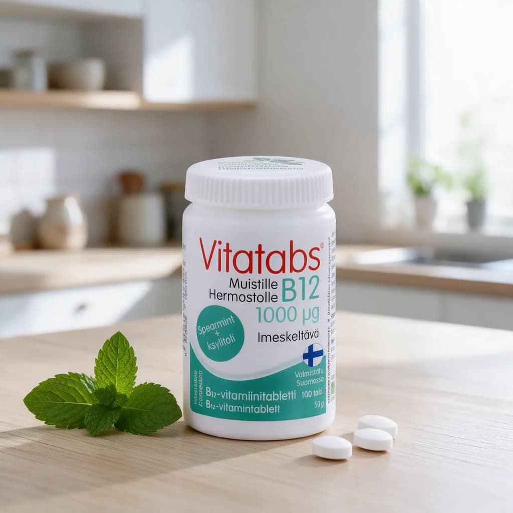 Valkoinen Vitatabs B12 Spearmint -purkki puisella keittiön pöydällä minttulehtien ja muutaman valkoisen tabletin vieressä