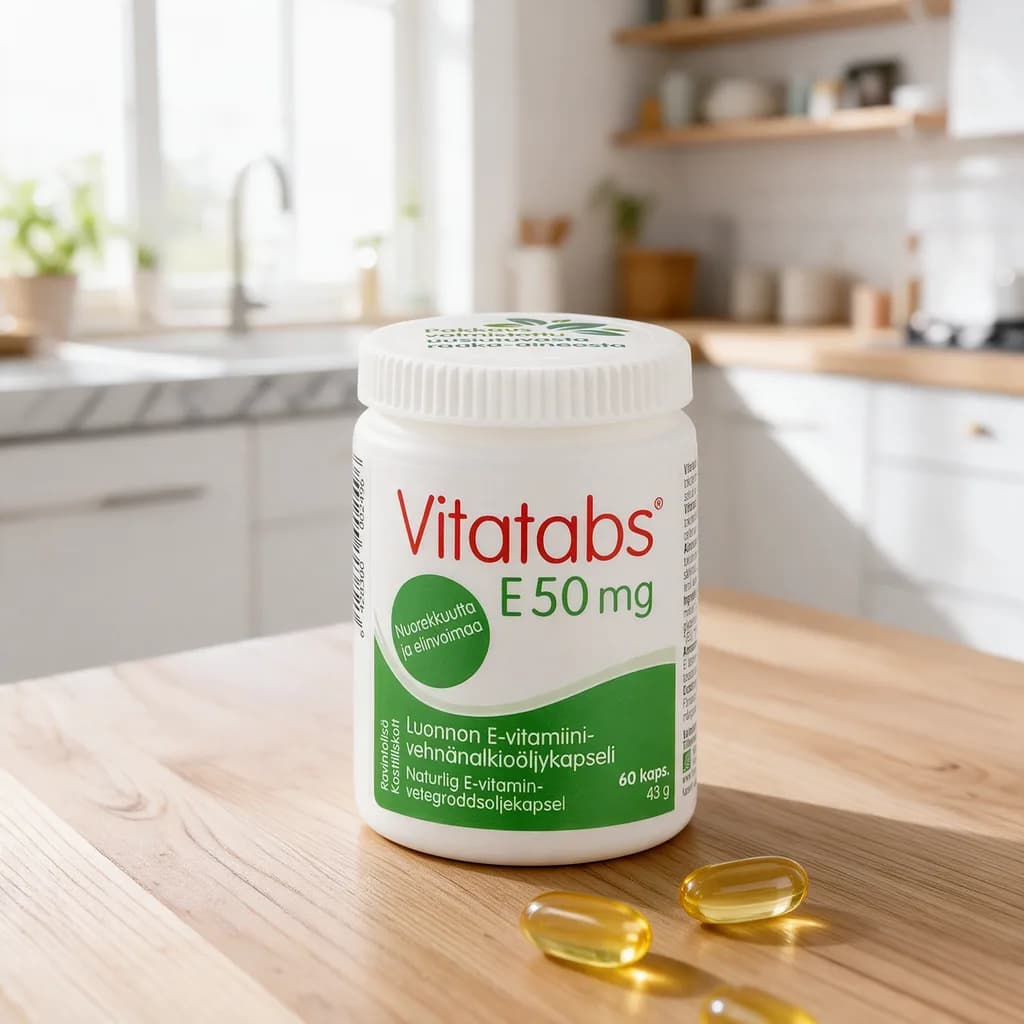 Valkoinen Vitatabs E 50 mg -purkki vihreällä etiketillä ja valkoisella kannella puisella keittiön pöydällä, edessä muutama kullankeltainen öljykapseli