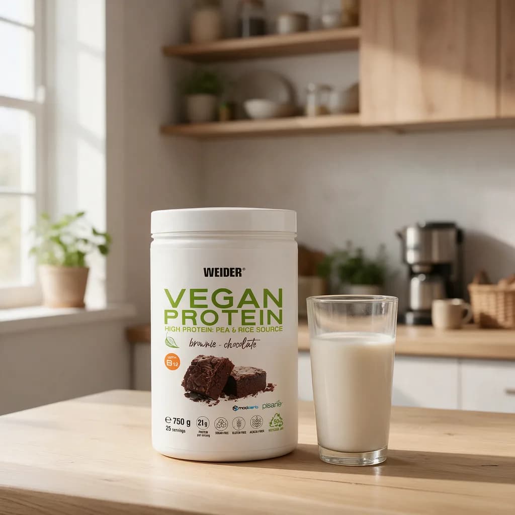 Weider Vegan Protein brownie-chocolate -purkki keittiön työtasolla mantelijuomalasin vieressä