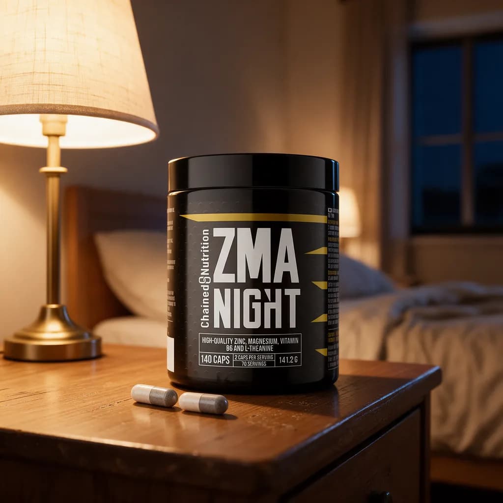 Musta Chained Nutrition ZMA Night -purkki puisella keittiön pöydällä iltavalossa, edessä kaksi kapselia