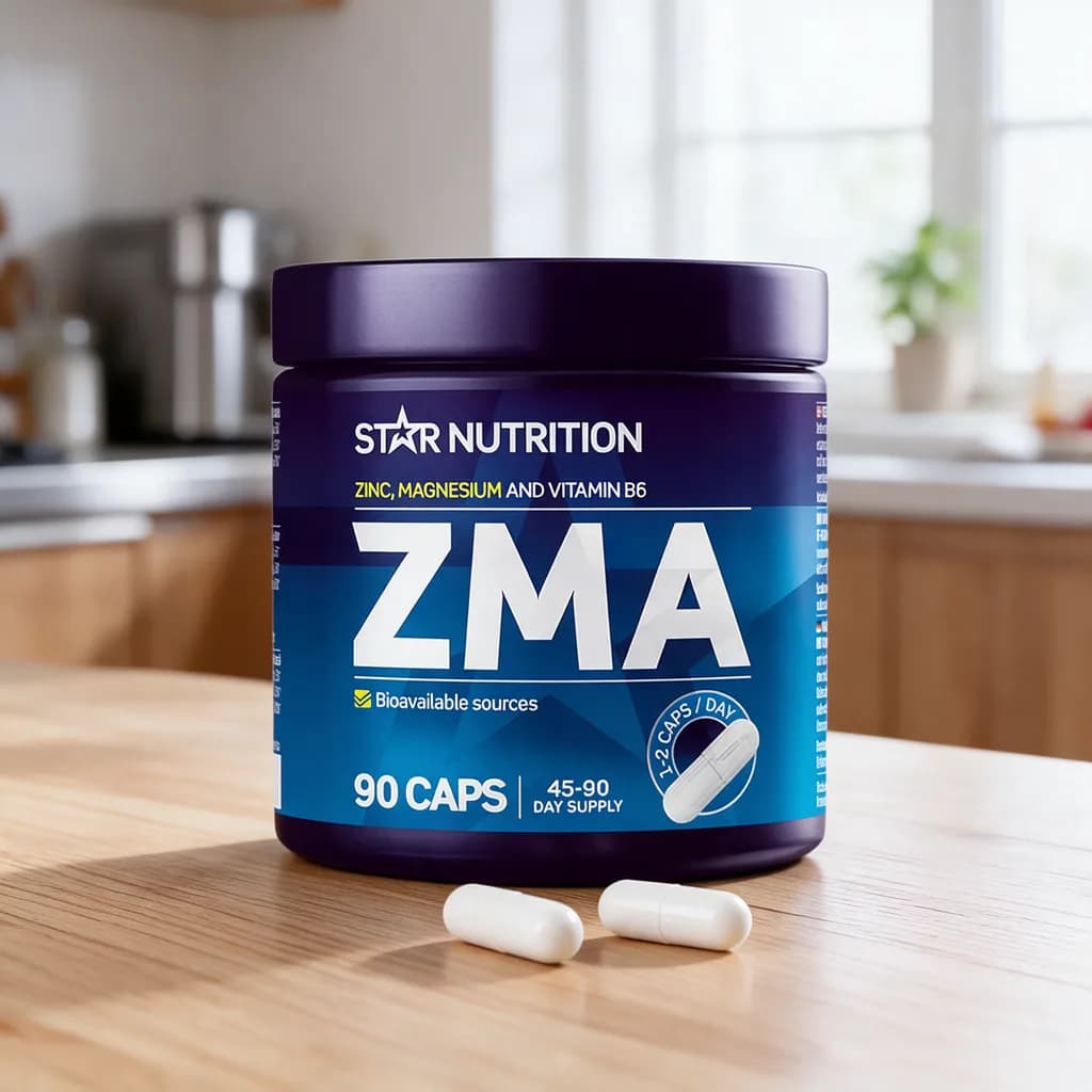 Tummansininen Star Nutrition ZMA -purkki puisella keittiön pöydällä, edessä kaksi valkoista kapselia