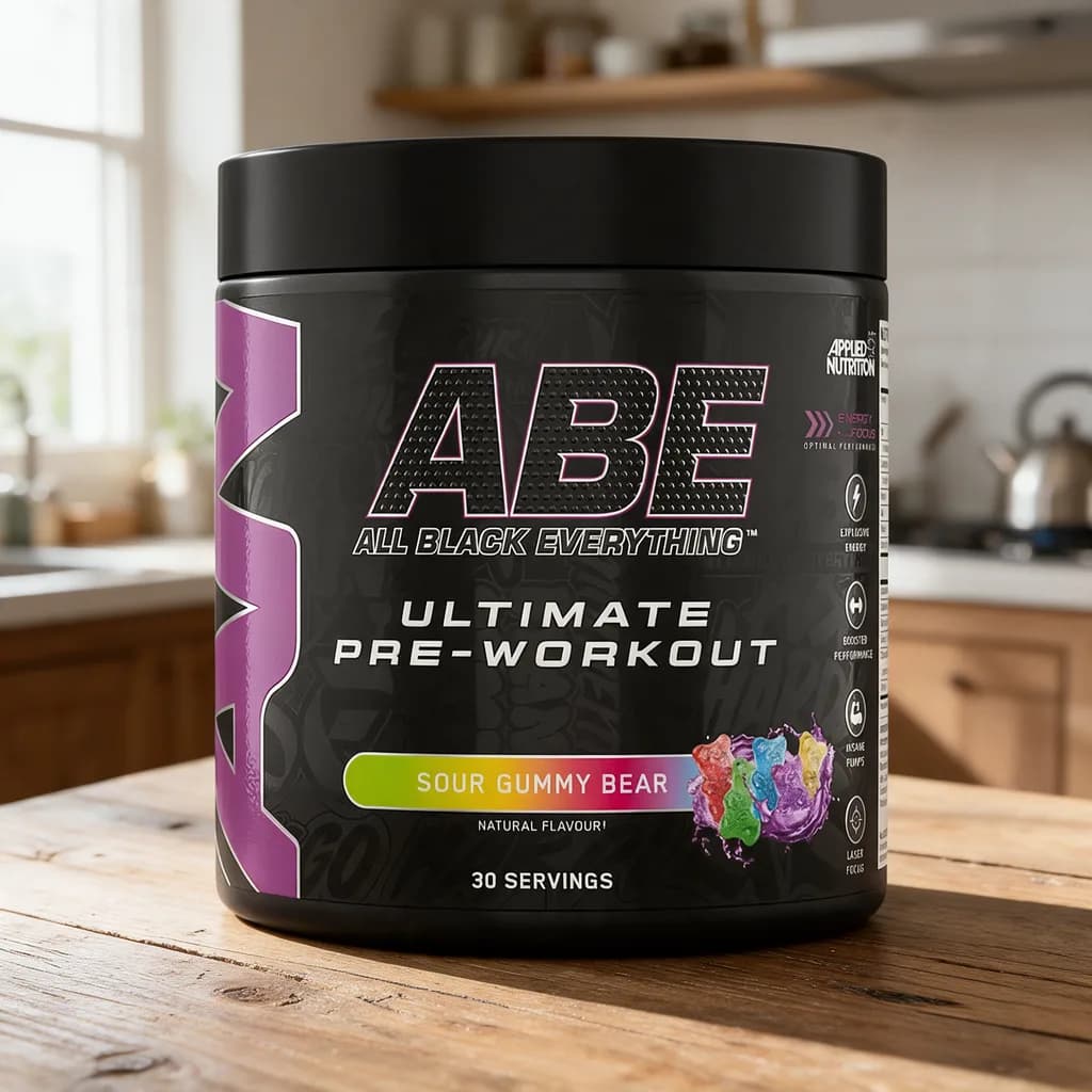 Musta Applied Nutrition ABE Pre-Workout -purkki violetilla kyljellä puisella keittiön pöydällä