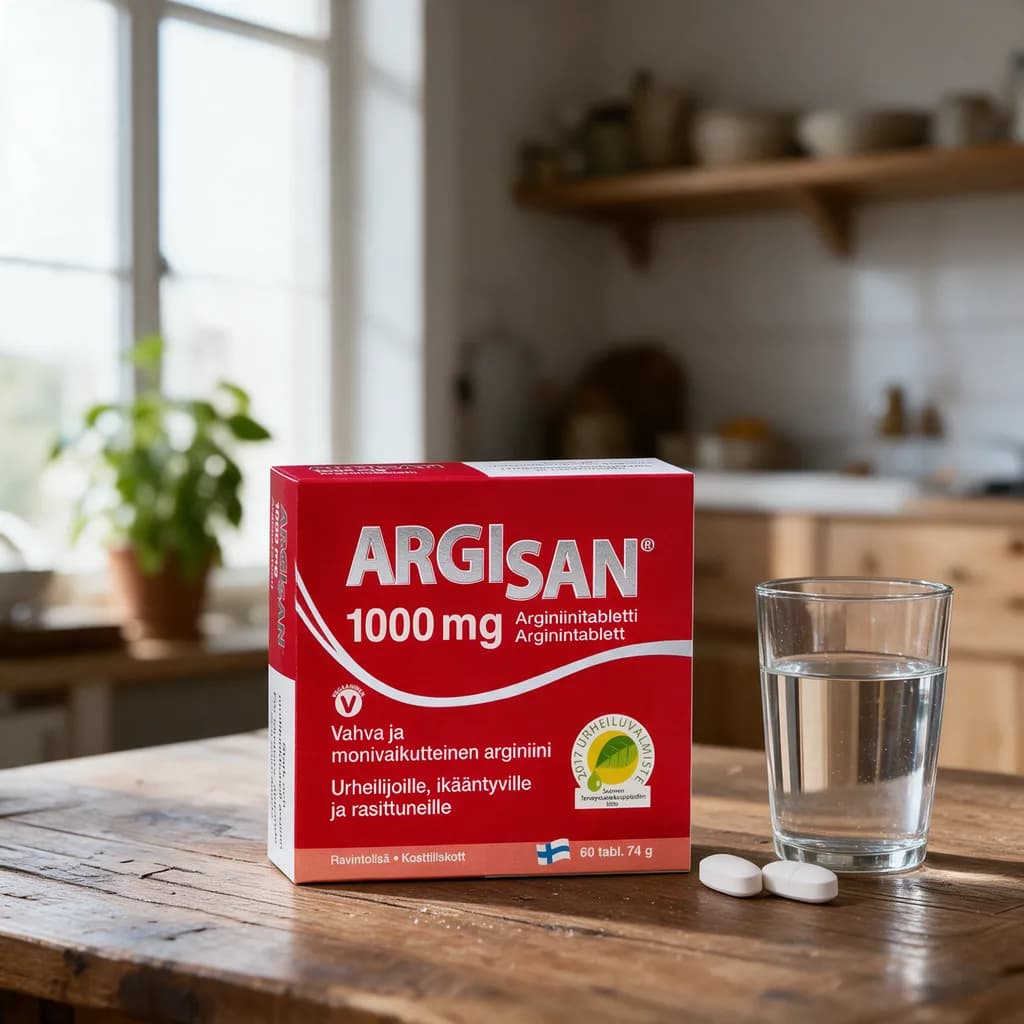 Argisan-rasia puisella keittiön pöydällä vesilasin ja kahden valkoisen tabletin vieressä