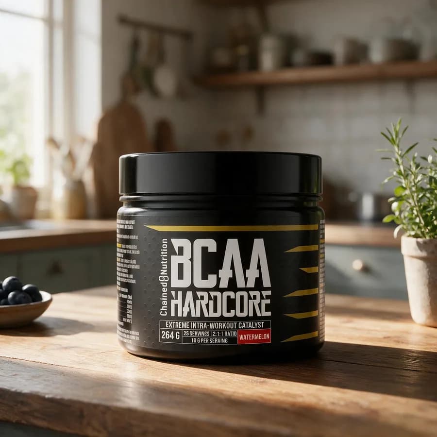Musta Chained Nutrition BCAA Hardcore -purkki keltaisilla raidoilla puisella keittiön pöydällä, taustalla ikkuna ja yrttiruukku