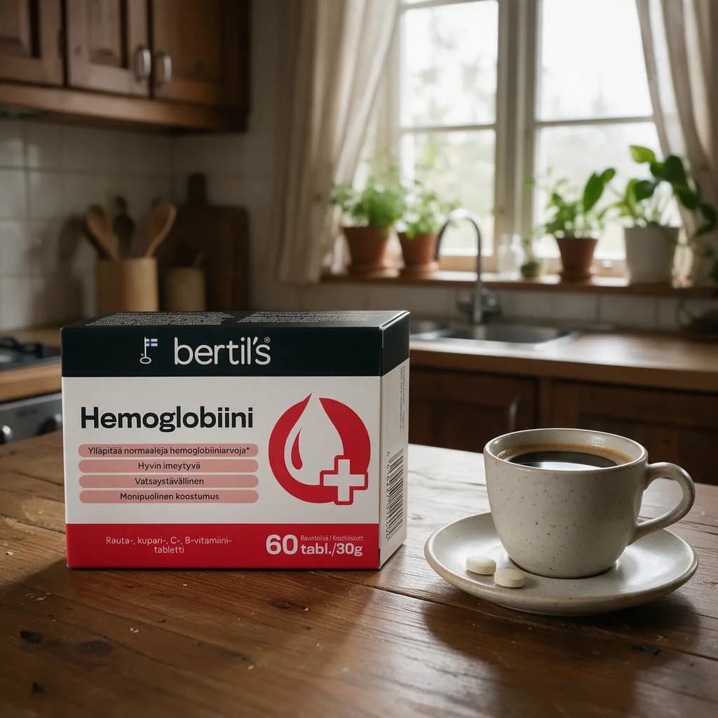 Bertils Hemoglobiini -rasia puisella keittiön pöydällä kahvikupin ja kahden tabletin vieressä