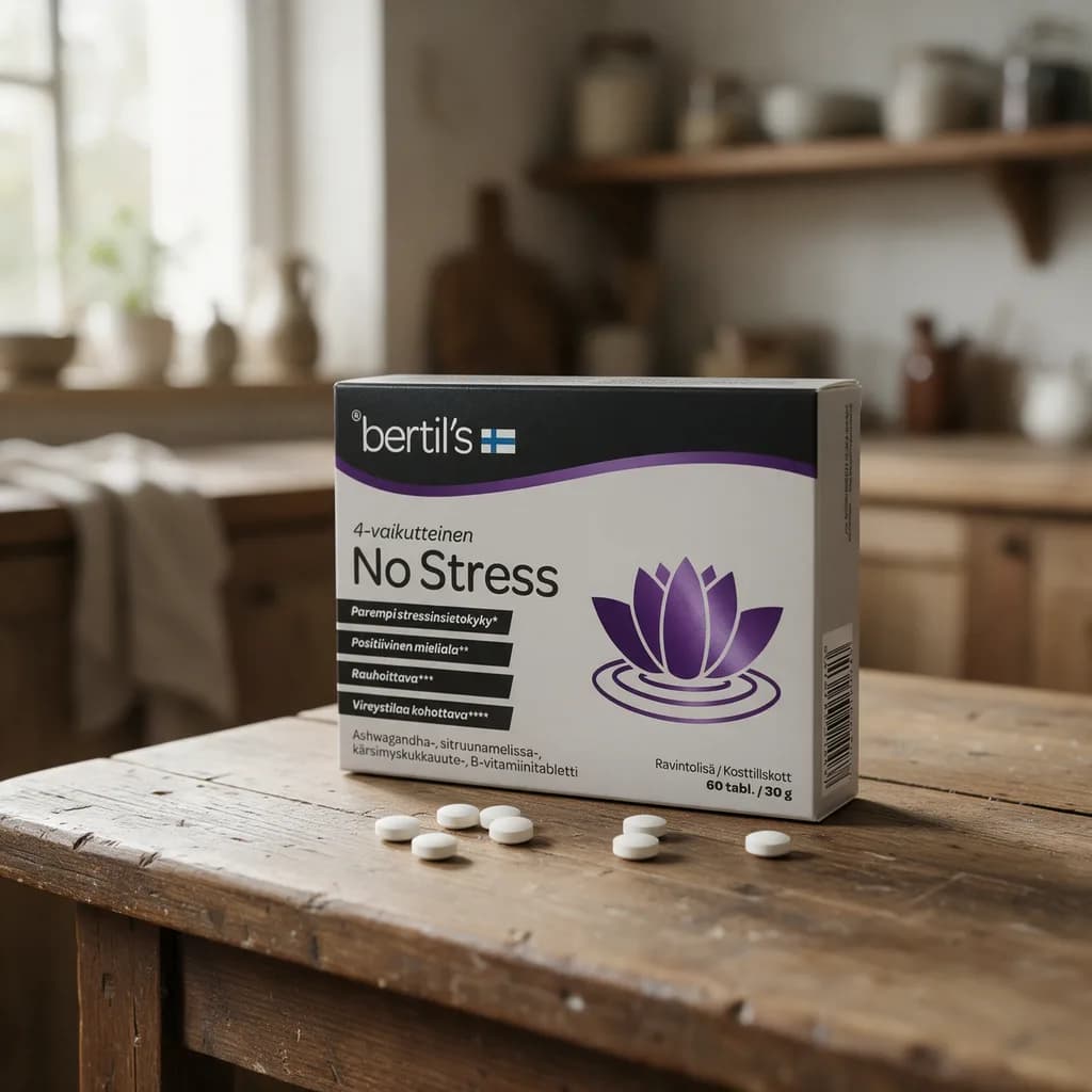 Valkoharmaa Bertils No Stress -tablettirasia violetilla lootuskuvalla puisella keittiön pöydällä, edessä muutama valkoinen tabletti