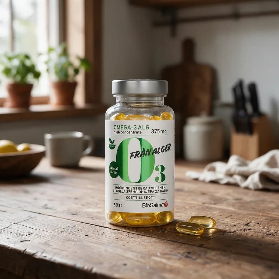 Läpinäkyvä BioSalma Omega-3 -purkki puisella keittiön pöydällä, vieressä muutama kellertävä kapseli