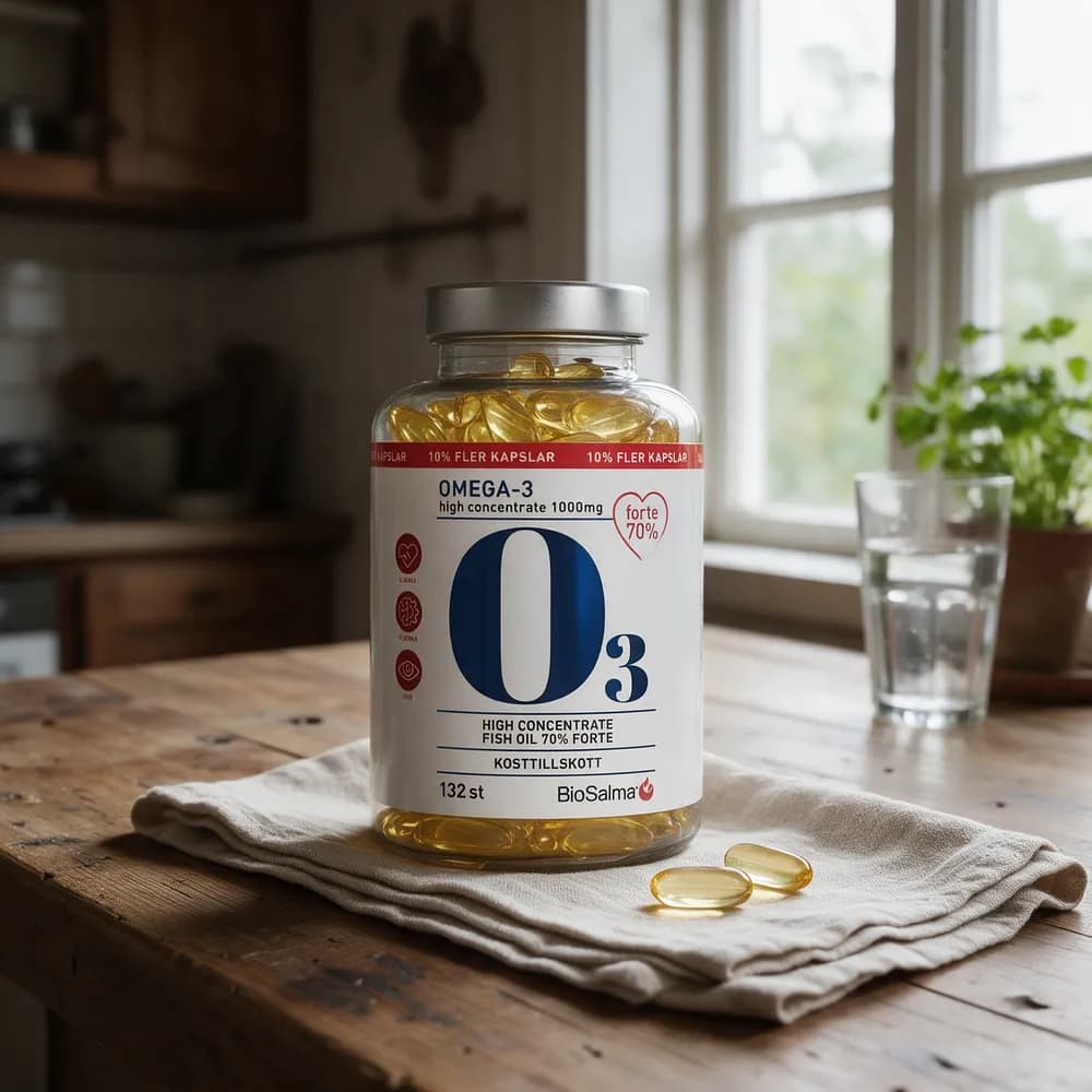 BioSalma Omega3 Forte 70% -purkki ja kaksi kapselia keittiön ikkunapöydällä