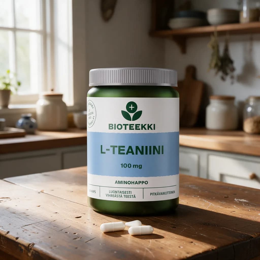 Vihreä Bioteekki L-Teaniini -purkki harmaalla kannella ja sinisellä etiketillä puisella keittiön pöydällä, edessä muutama valkoinen kapseli