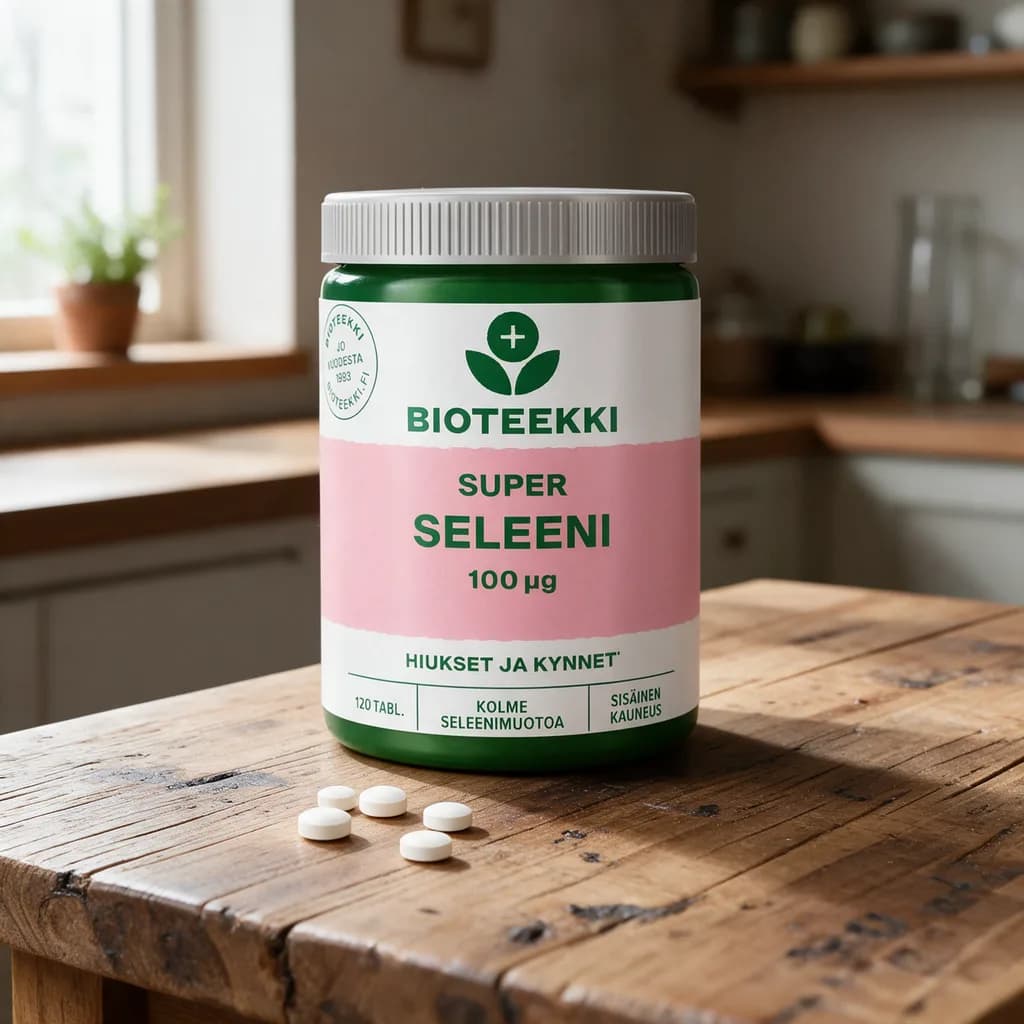 Vihreä Bioteekki Super Seleeni -purkki vaaleanpunaisella etiketillä ja harmaalla kannella puisella keittiön pöydällä, edessä muutama pieni valkoinen tabletti