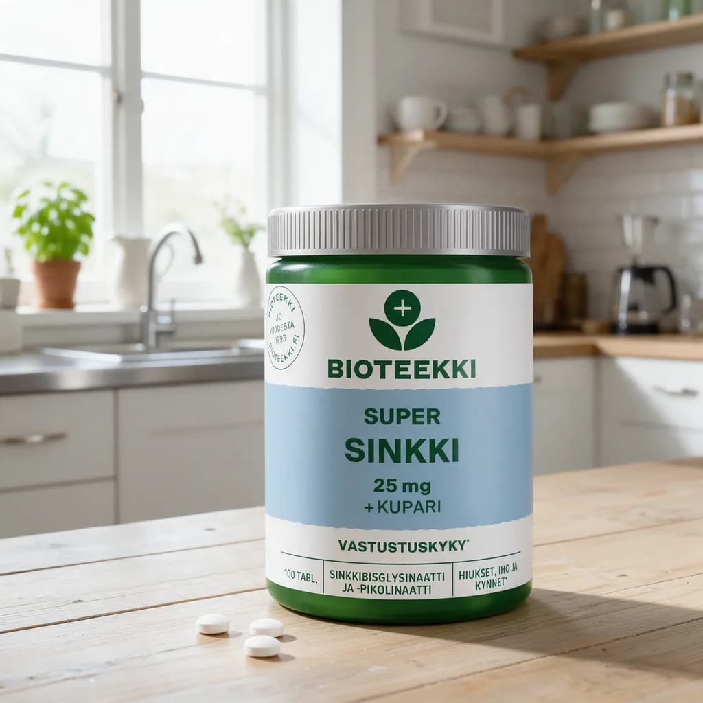 Valkoinen Bioteekki Super Sinkki -purkki vihreällä ja vaaleansinisellä etiketillä puisella keittiön pöydällä, edessä pieniä pyöreitä tabletteja