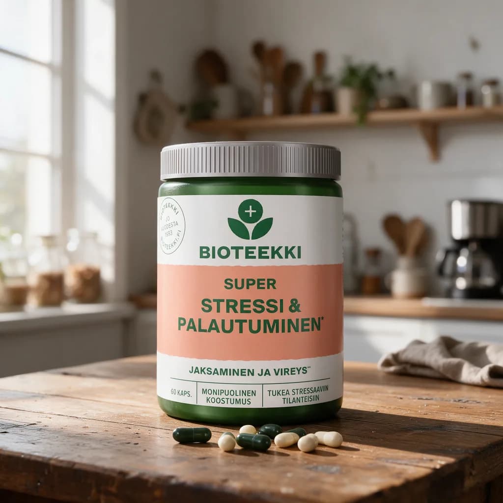 Vihreä Bioteekki Super Stressi & Palautuminen -purkki harmaalla kannella ja oranssilla etiketillä puisella keittiön pöydällä, edessä muutama kapseli