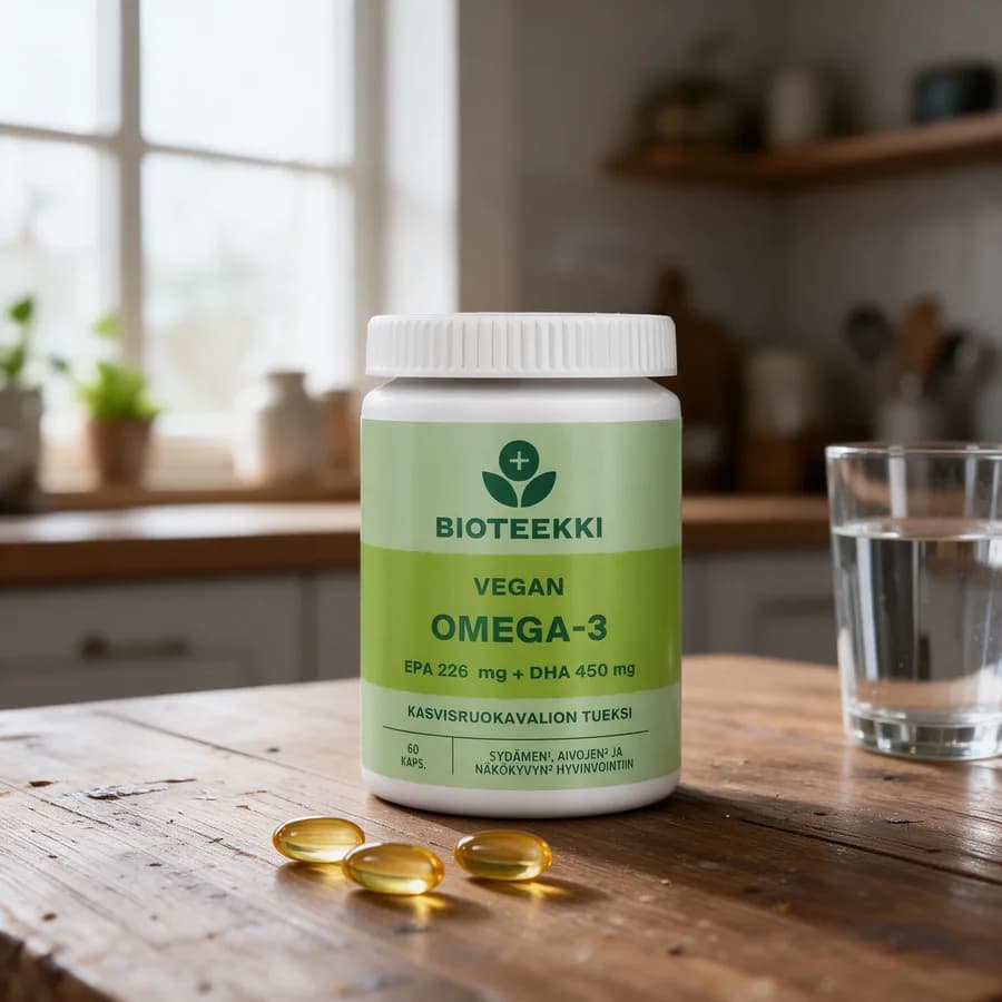 Vihreä Bioteekki Vegan Omega-3 -purkki puisella keittiön pöydällä, edessä muutama kellertävä kapseli