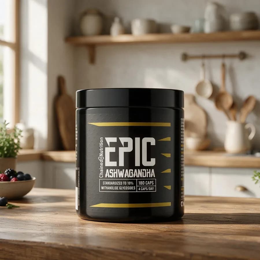 Musta Chained Nutrition Epic Ashwagandha -purkki keltaisin raidoin puisella keittiön pöydällä, edessä kapseleita