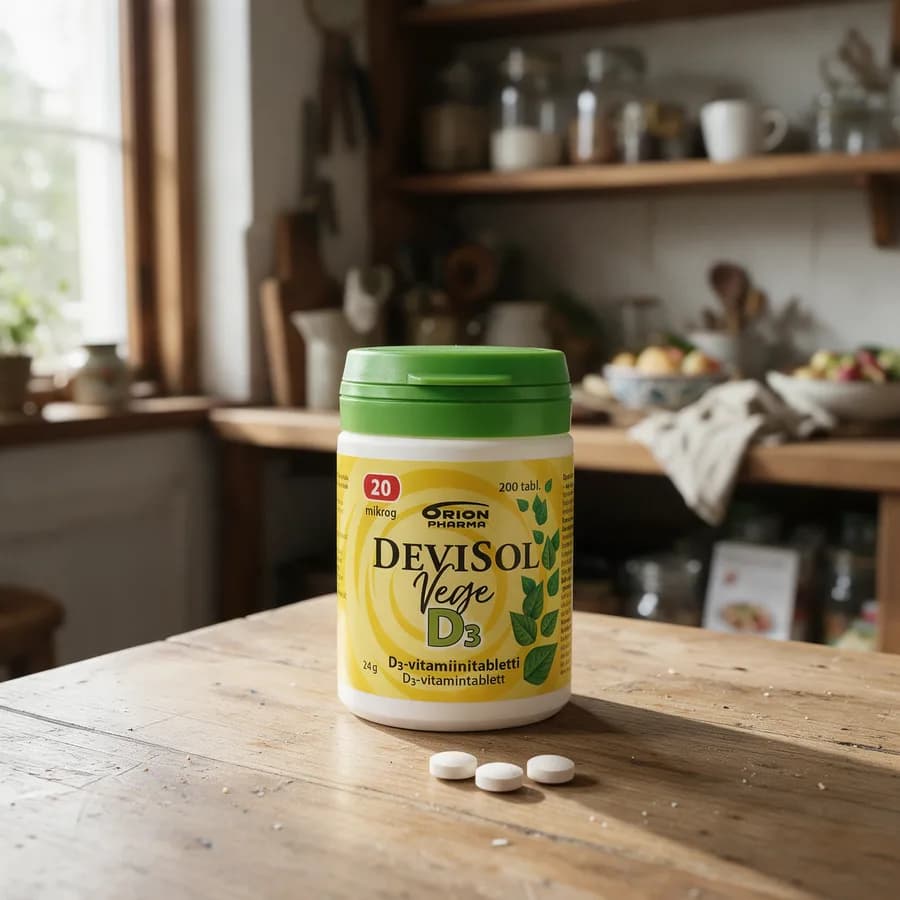 Keltainen DeviSol Vege D3 -purkki vihreällä kannella puisella keittiön pöydällä, edessä muutama pieni valkoinen tabletti