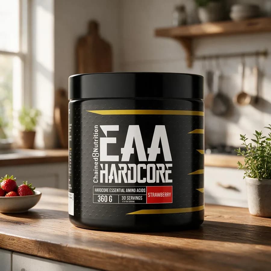 Musta Chained Nutrition EAA Hardcore -purkki keltaisella tekstillä puisella keittiön pöydällä