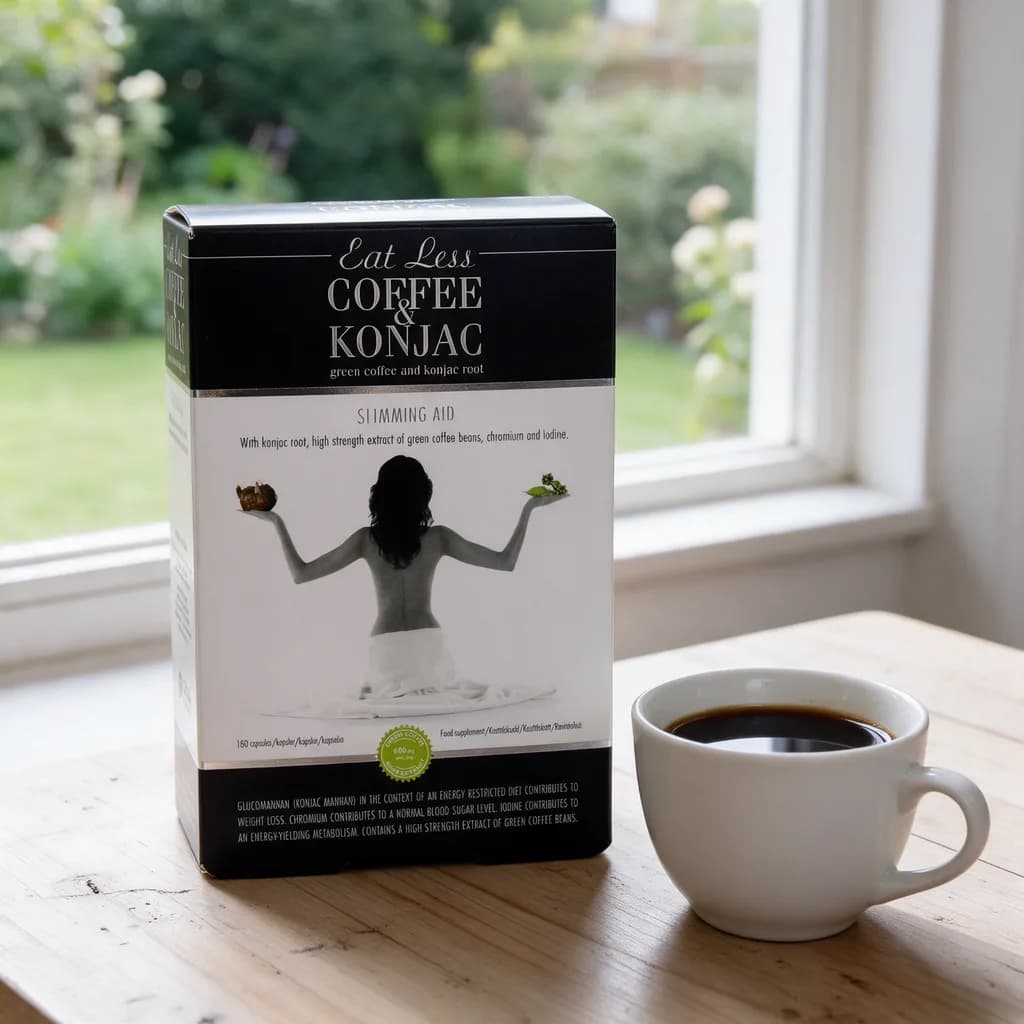 Musta-valkoinen Eat Less Coffee & Konjac -rasia ja kahvikuppi puisella keittiön pöydällä